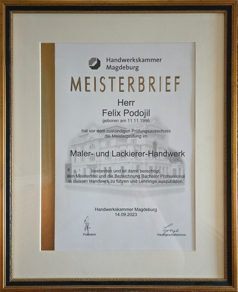 Meisterbrief Felix Podojil Maler- und Lackierermeister